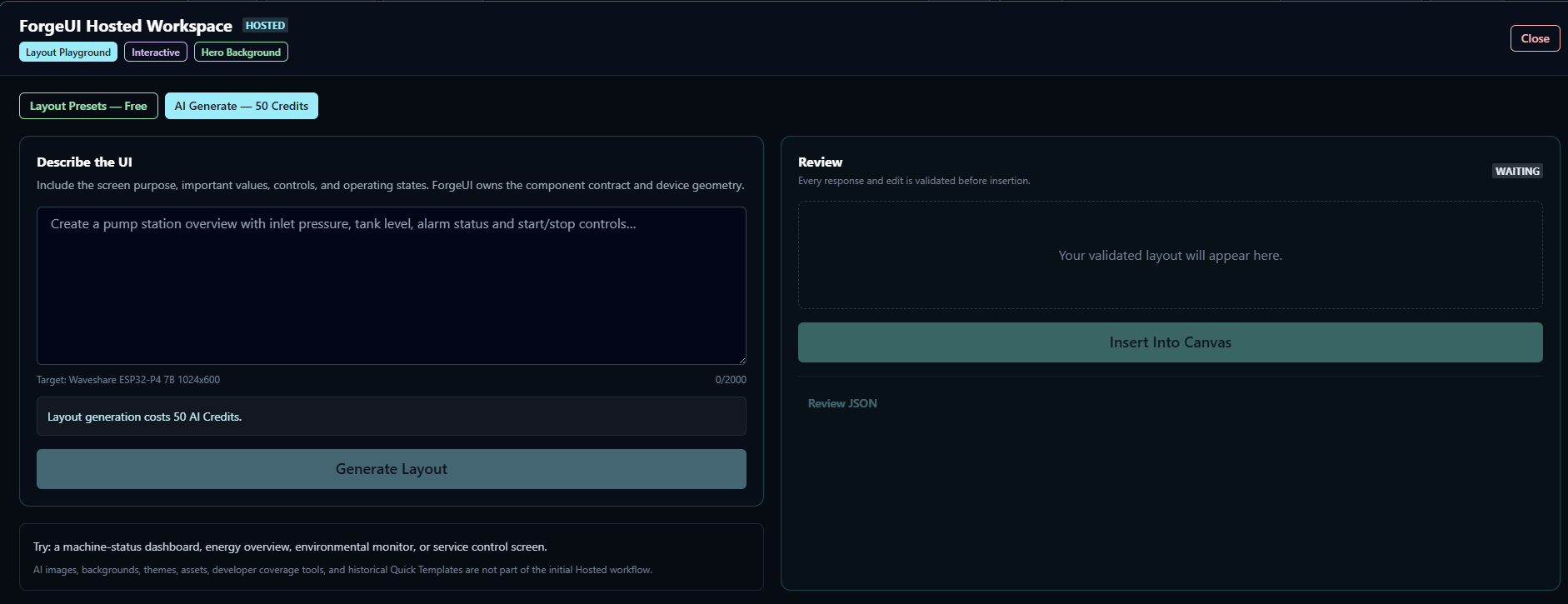ForgeUI AI Layout Generator creating a structured board-aware starting layout